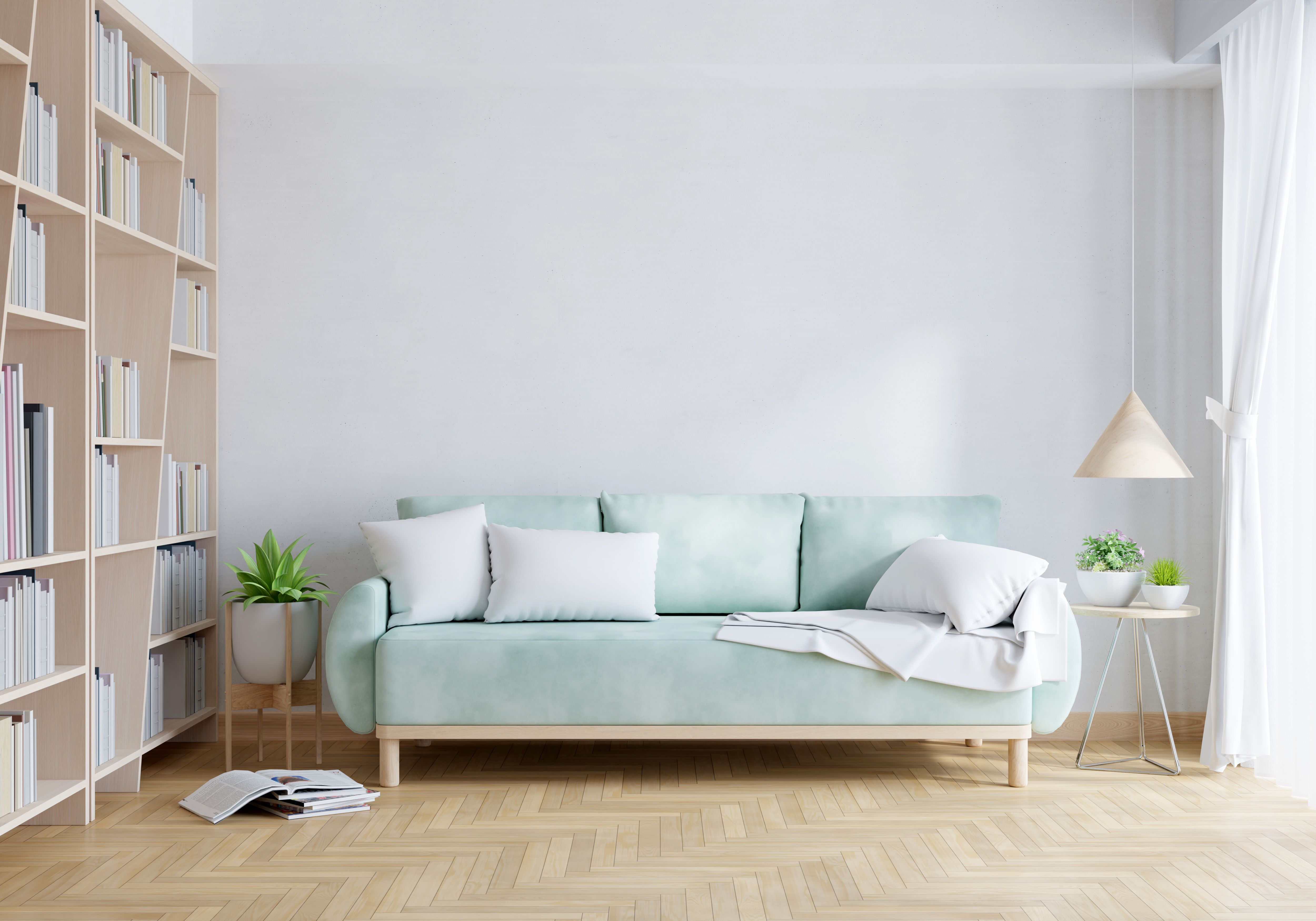 Green Sofa White Living Room With Copy Space